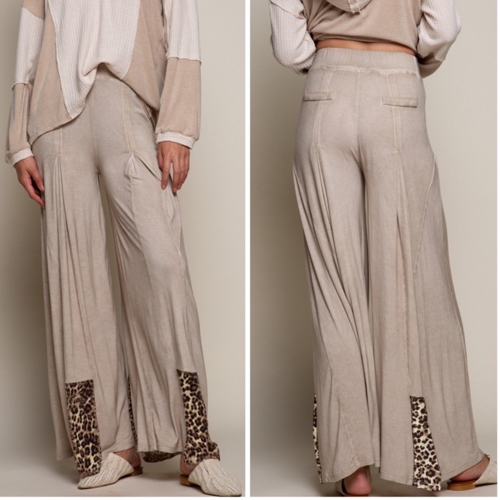 POL Beige Wide Leg Pants with Leopard Trim